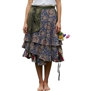 Bohemian wrap Tiered Ruffle Midi Skirt Patchwork Utility Pockets 100% Cotton